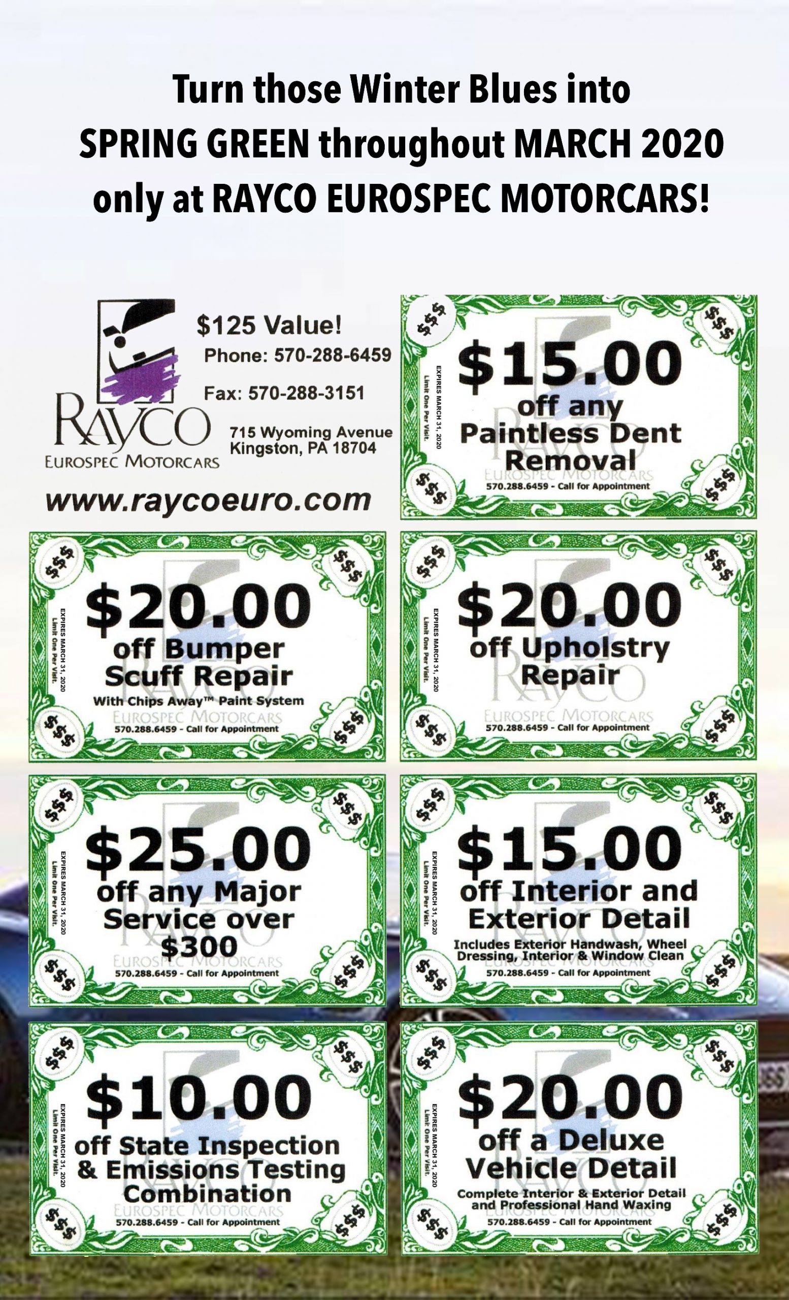 March 2020 Super-Saving Coupons from Rayco Eurospec Motorcars